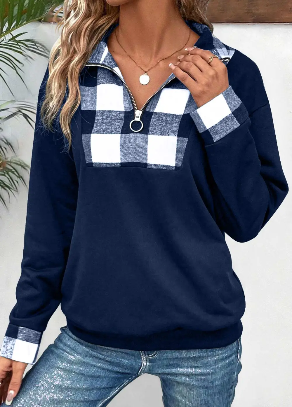 Navy Patchwork Plaid Long Sleeve Turn Down Collar Sweatshirt
