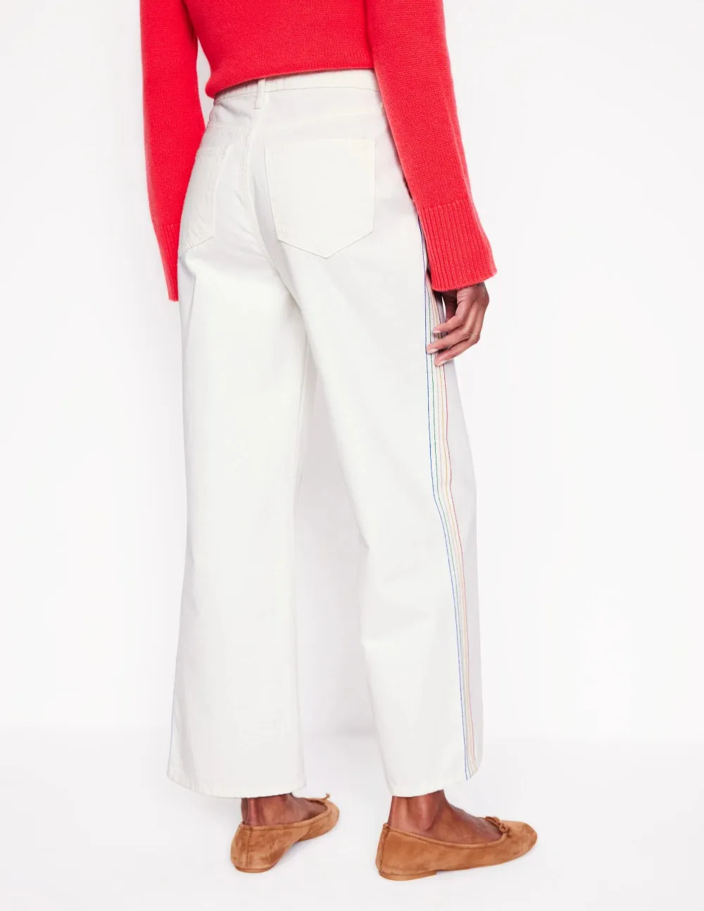 High Rise Straight Crop Jeans -Off White w/ Embroidery