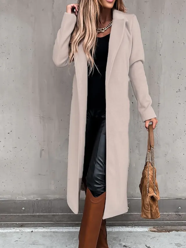 Women's Winter Coat Coat Daily Going out Fall Winter Long Coat Regular Fit Thermal Warm Casual Jacket Long Sleeve Solid Color Lace up Black White Khaki