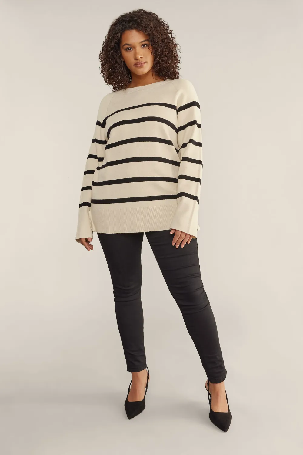 EVANS Curve Ivory White & Blue Striped Knitted Jumper