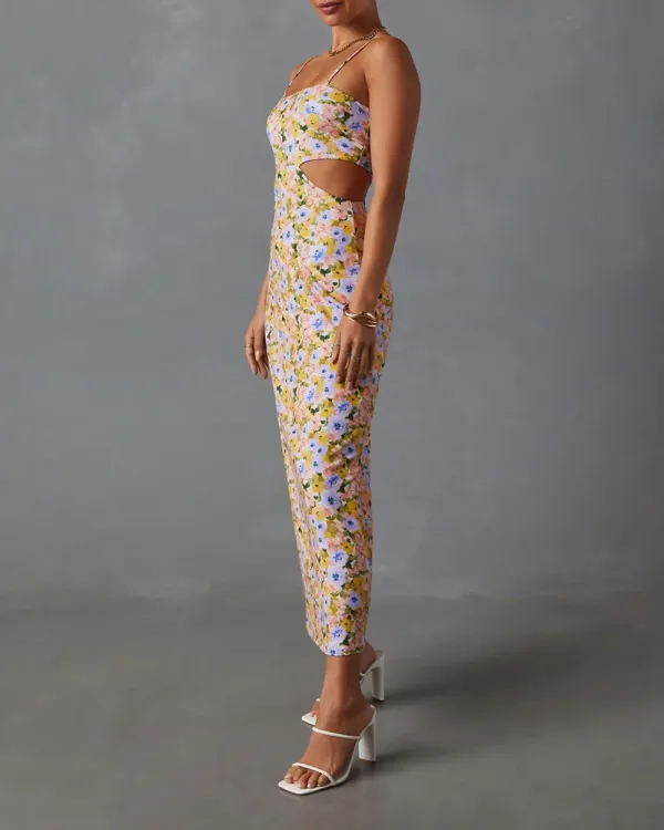 Sleeveless Side Cutout Floral Print Midi Dress