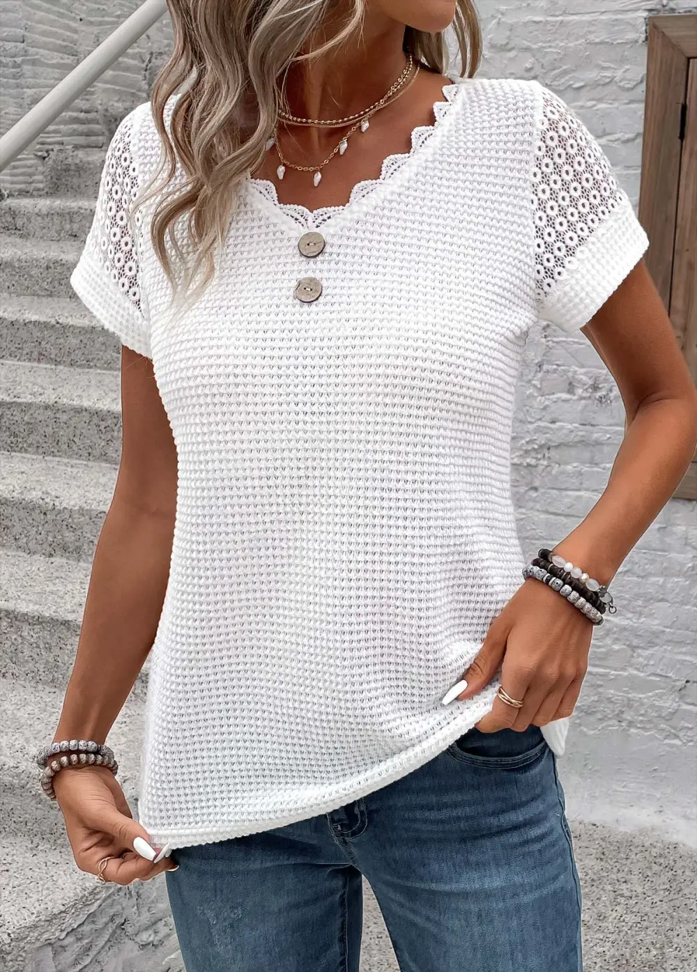 White Patchwork Short Sleeve V Neck T Shirt