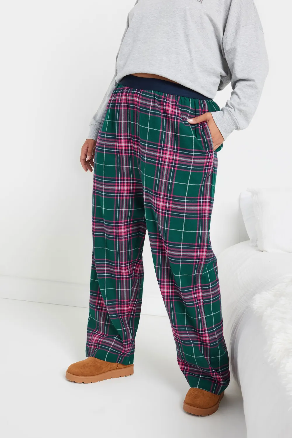 YOURS Curve Green & Pink Boyfriend Check Pyjama Bottoms