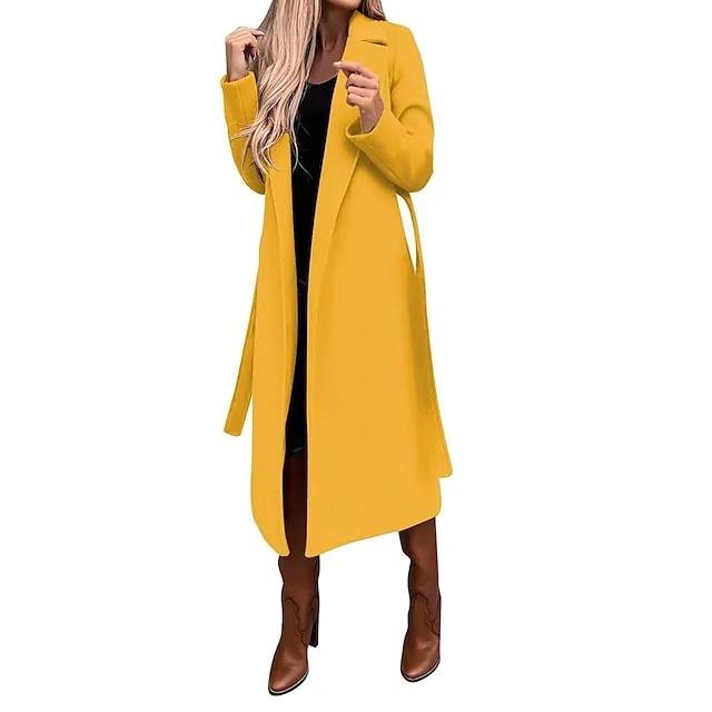 Women's Winter Coat Long Overcoat with Belt Fall Lapel Pea Coat with Pockets Trench Coat Fashion Street Wear Formal Jacket Long Sleeve  Black White Yellow