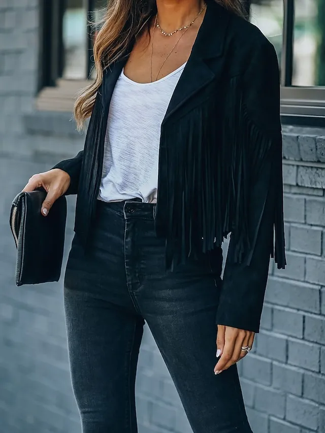 Women's Casual Jacket Going out Fall Tassel Fringe Rusty Regular Coat Regular Fit Breathable Bohemian Style Jacket Long Sleeve Solid ColorWhite Black