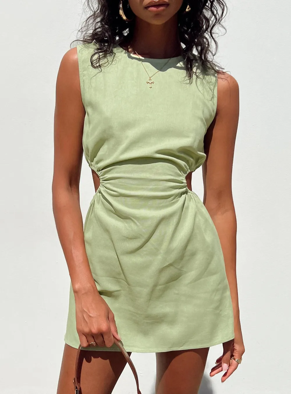 Sleeveless Green Waist Cinching Mini Dress