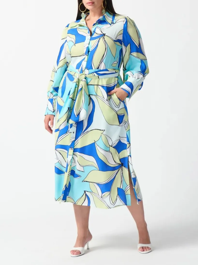 Blue and White Leaf Print Shirt Dress