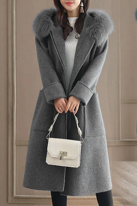 Solid Color Fur Collar Long Coat