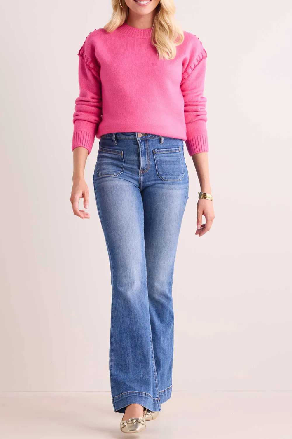 Pink Crew Neck Ruffled Shoulder Long Sleeve Sweater