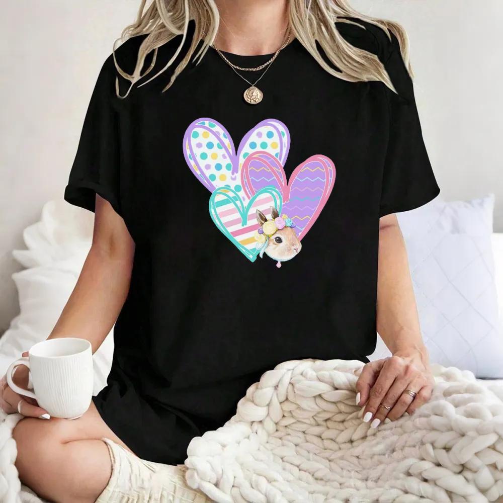 A Cute Little Rabbit, Surrounded By Several Decorative Heart-Shaped Patterns With Different Patterns Such As Polka Dots And Stripes, A Casual T-Shirt.