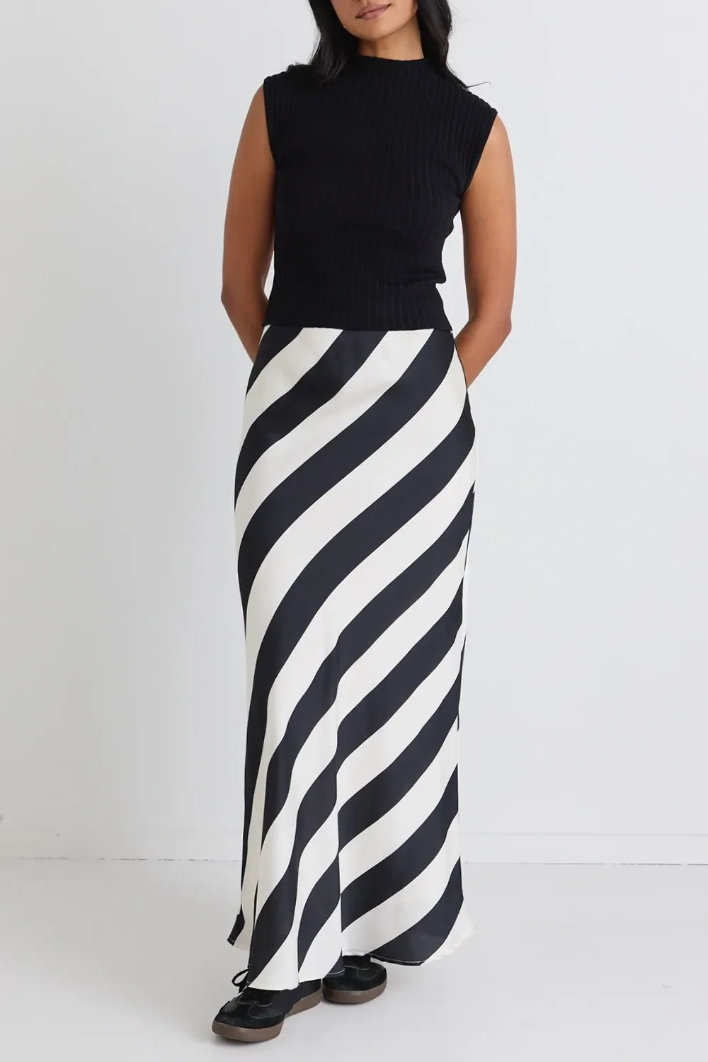 Black Stripe Satin Maxi Skirt