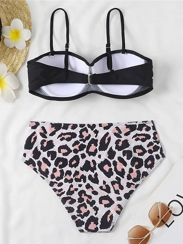 Women's Swimwear Bikini 2 Piece Normal Swimsuit 2 Piece Open Back Sexy Printing High Waisted Floral Leaves Black Yellow Navy Blue Royal Blue Blue Strap Bathing Suits Sexy Vacation Fashion