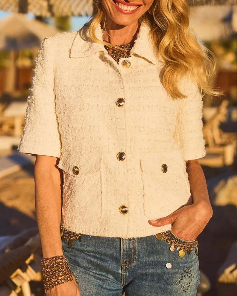 Beige Tweed Short Sleeve Jacket