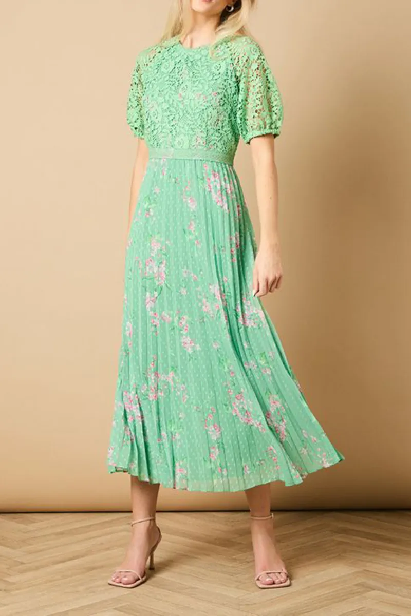 Casual Style Sage Floral Lace Bodice Pleated Dress