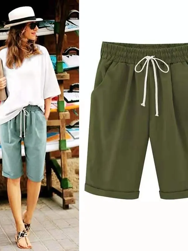 Women's Lounge Shorts Pure Color Elastic Waist with Drawstring Simple Casual Comfort Home Daily Vacation Polyester Breathable Pocket Five-point Pants