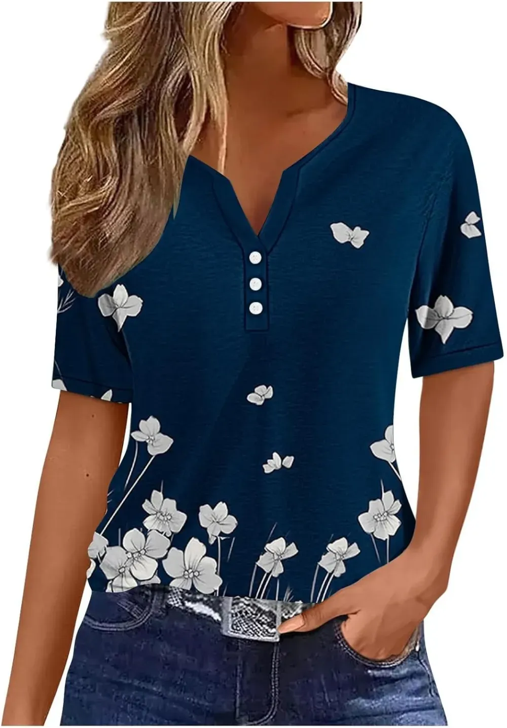 Shirts for Women Casual Printed Summer Tops Short-Sleeved Button V-Neck Tops Blouse Fashion Boho T-Shirts