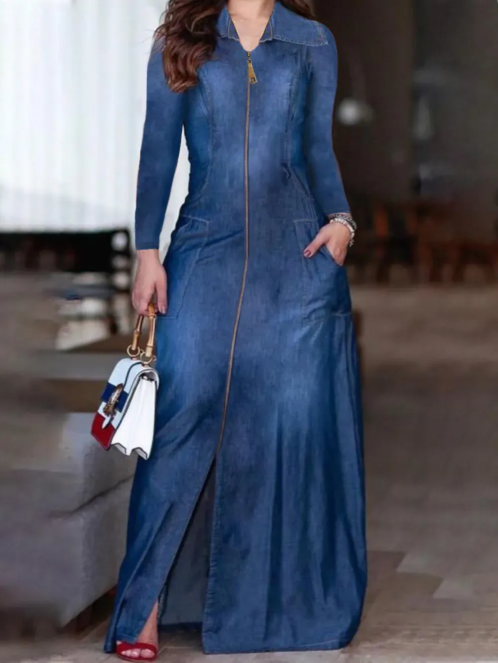 Ursime Turndown Collar Zipper Split Pockets Long Sleeve Denim Maxi Dress