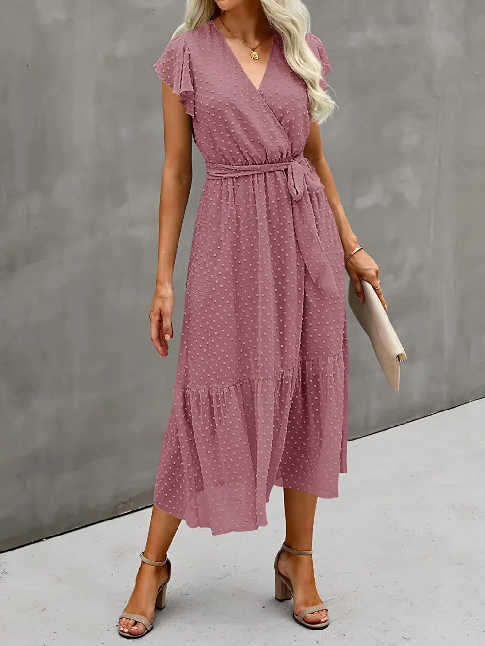 Women Summer Bohemian Floral Casual Wrap V Neck Ruffle Cap Sleeveless Belt A-Line Pleated Hem Swing Midi Sun Dress