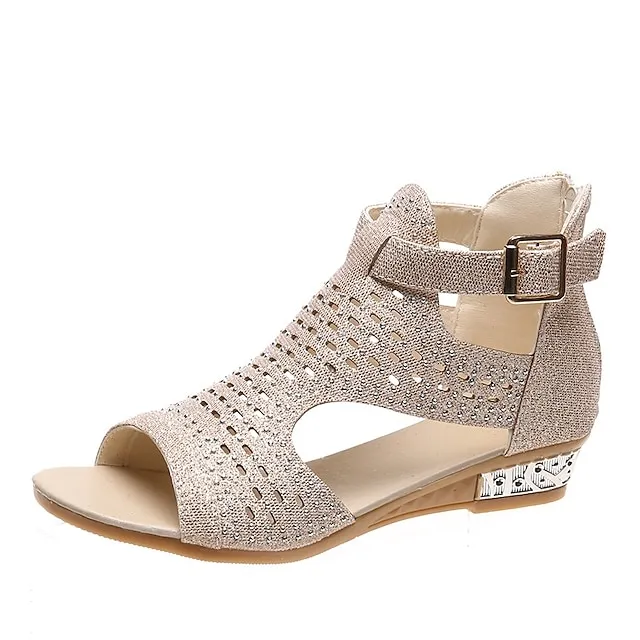 Women's Sandals Wedge Sandals Plus Size Party Outdoor Work Summer Spring Rhinestone Wedge Heel Peep Toe Elegant Classic Casual Faux Leather Zipper Solid Color Black Gold Beige