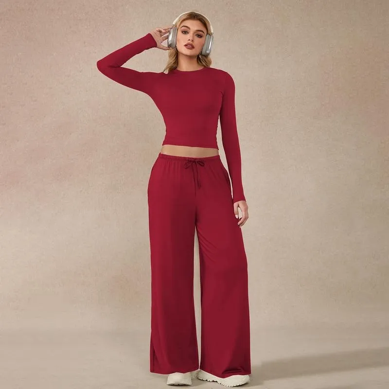 Women's two-piece tracksuit set, long-sleeved crop top and wide-leg pants