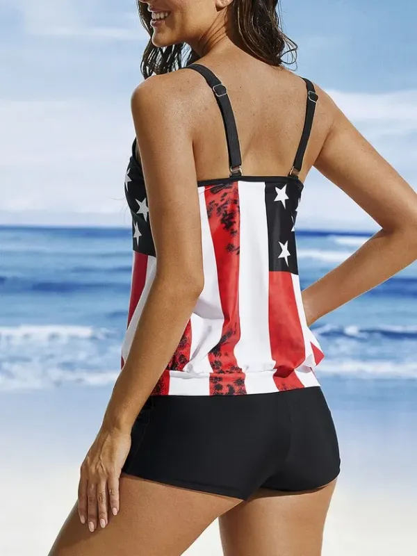 Casual America Flag Printing Scoop Neck Tankinis Two-Piece Set
