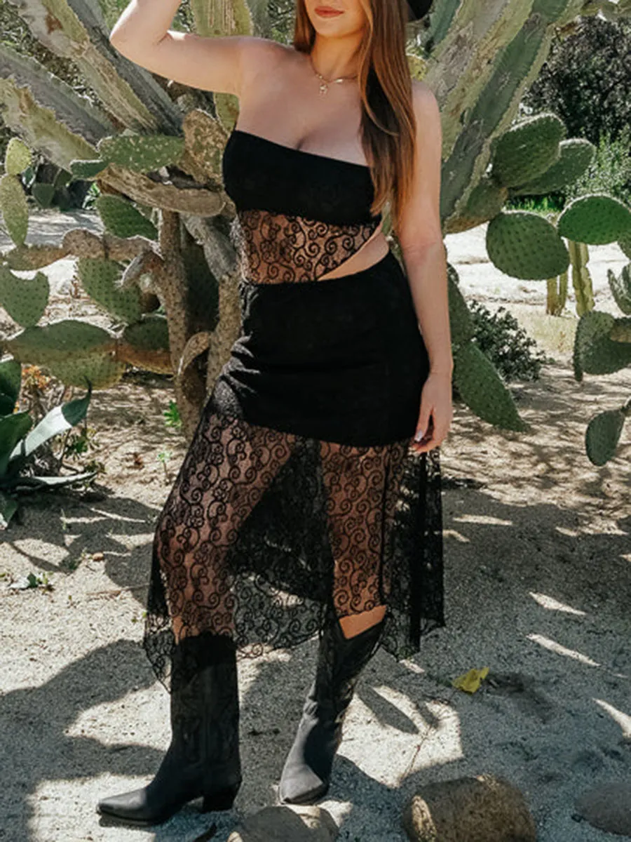 Black Lace Trimmed Tube Top and Skirt Set