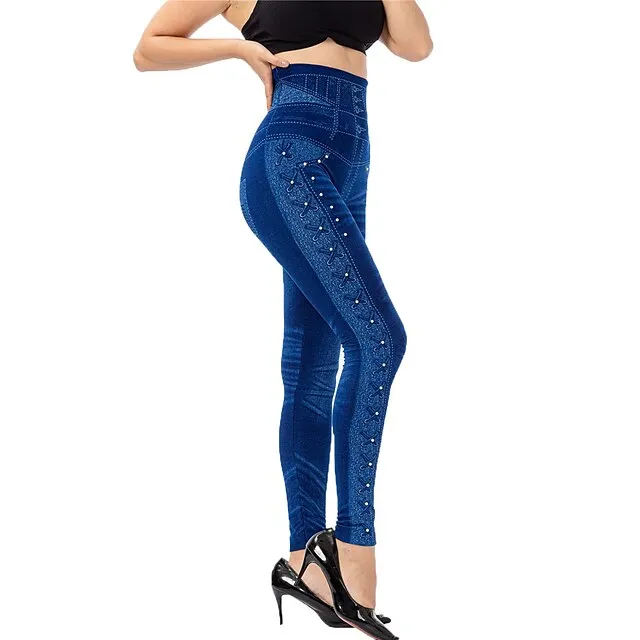 Women's Tights Leggings Jeggings Plain Tummy Control Butt Lift Ankle-Length Casual Weekend Faux Denim Fashion Skinny Black Blue High Waist High Elasticity