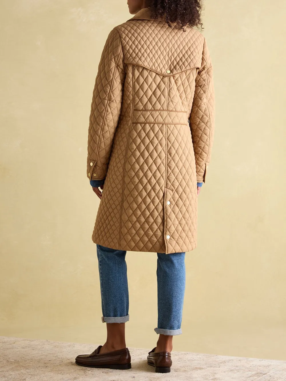 Tan Brown Showerproof Longline Diamond Quilted Coat