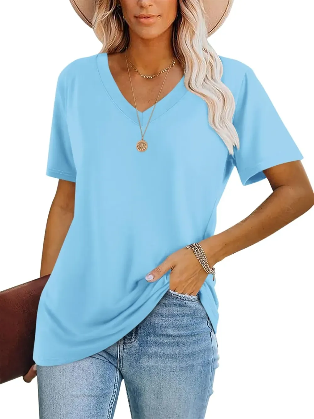ORANDESIGNE Women's Color Block Short Sleeve T Shirts Casual V Neck Summer Tops Tees Loose Fit Blouses