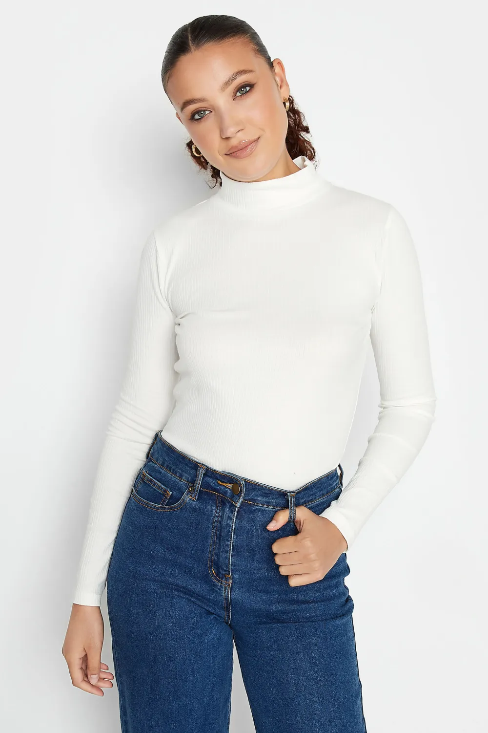 LTS Tall White Ribbed Roll Neck Top