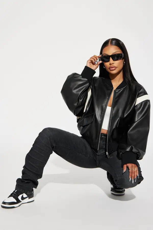 So Starstruck Faux Leather Bomber Jacket - Black