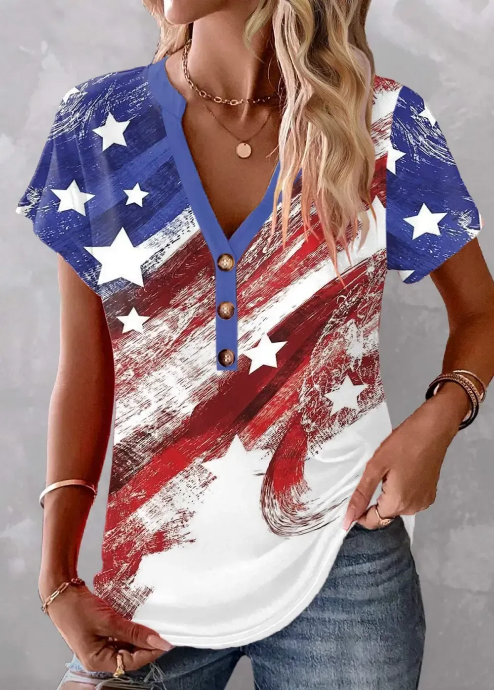 Multi Color Button Flag Print T Shirt