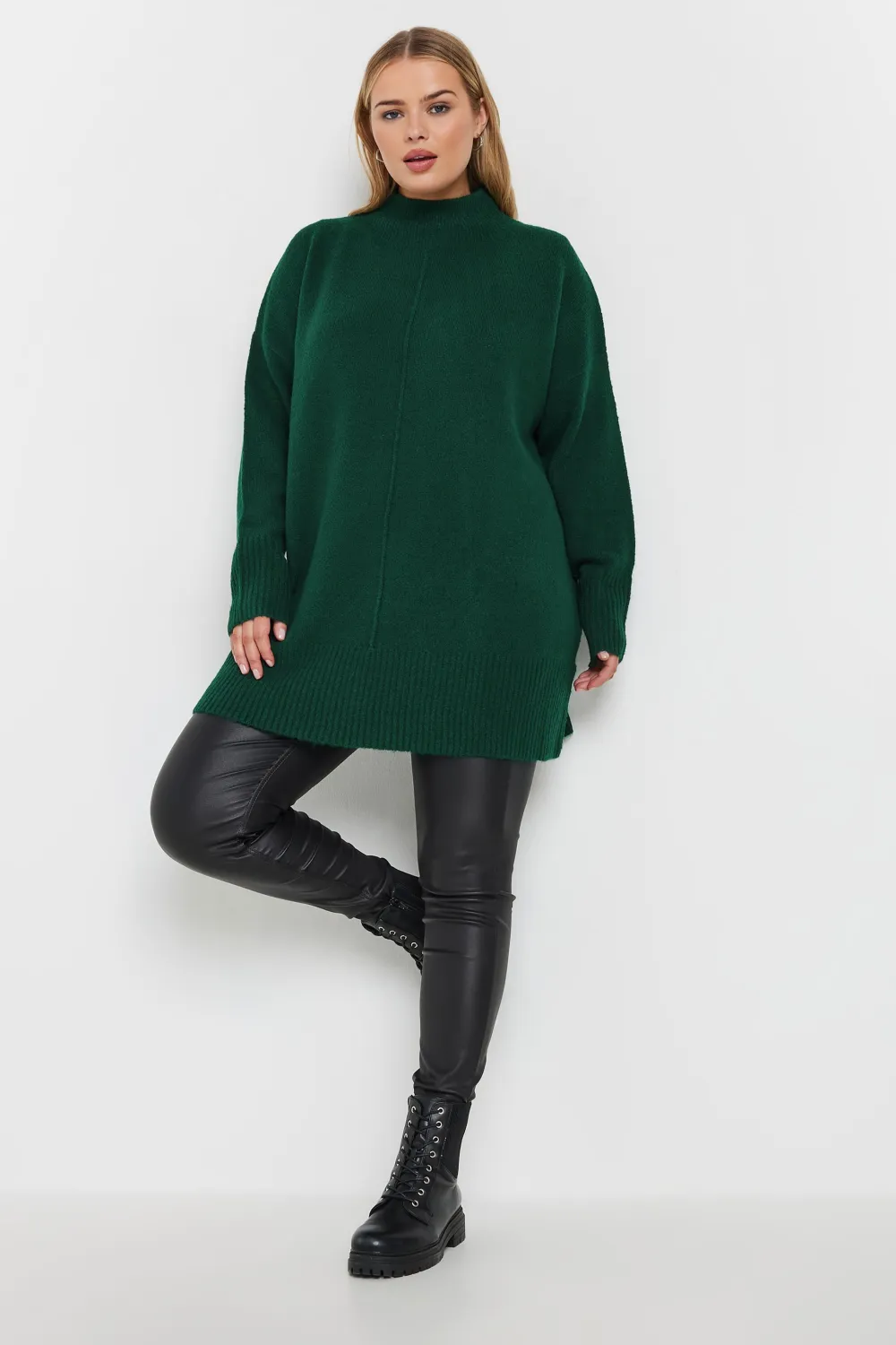 YOURS Curve Green High Neck Seam Detail Jumper