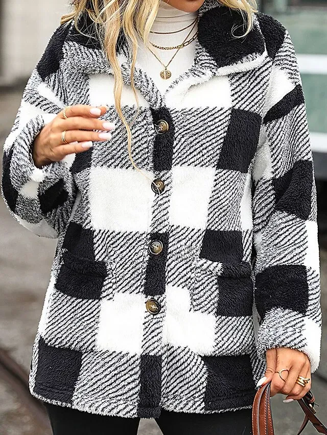 Women's Teddy Coat Plaid Sherpa Jacket Winter Fleece Coat Fall Single Breasted Stand Collar Jacket Regular Fit Outerwear Long Sleeve Black Khaki