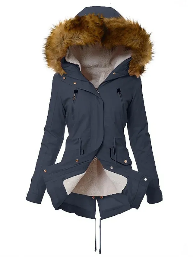 Women's Parka Fleece Lined Puffer Jacket Thermal Warm Winter Coat Windproof Heated Coat with Fur Collar Zip up Drawstring Hooded Coat with Pocket Outerwear Long Sleeve