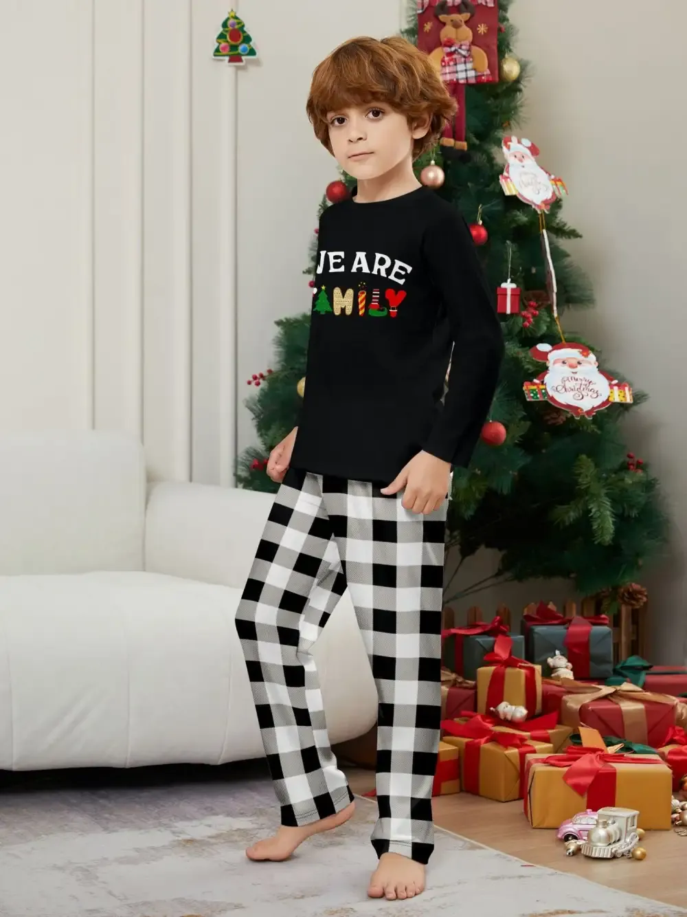 “We Are Family” Long Sleeve Monogrammed Plaid Parent-Child Pajamas