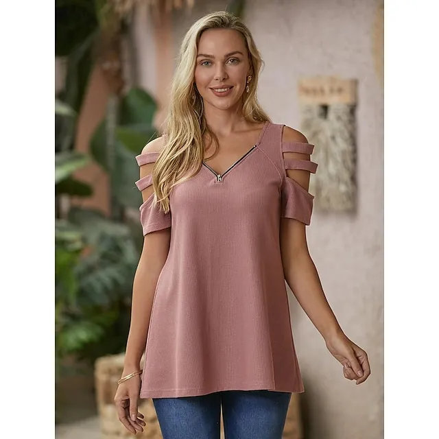 Blouse Women's Pink Plaid Zipper Cut Out Street Going out Basic V Neck S