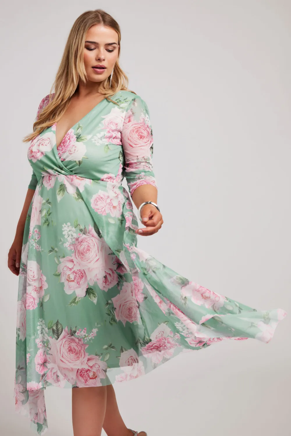 YOURS LONDON Curve Green Floral Print Hanky Hem Dress