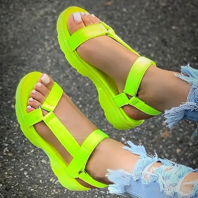 Women's Sandals Plus Size Outdoor Beach Summer Platform Open Toe Casual Minimalism Satin Magic Tape Solid Color Rainbow White Blue