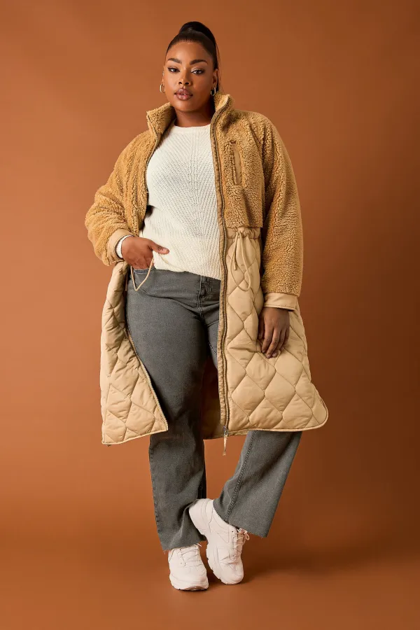 YOURS Curve Beige Brown Quilted Teddy Coat
