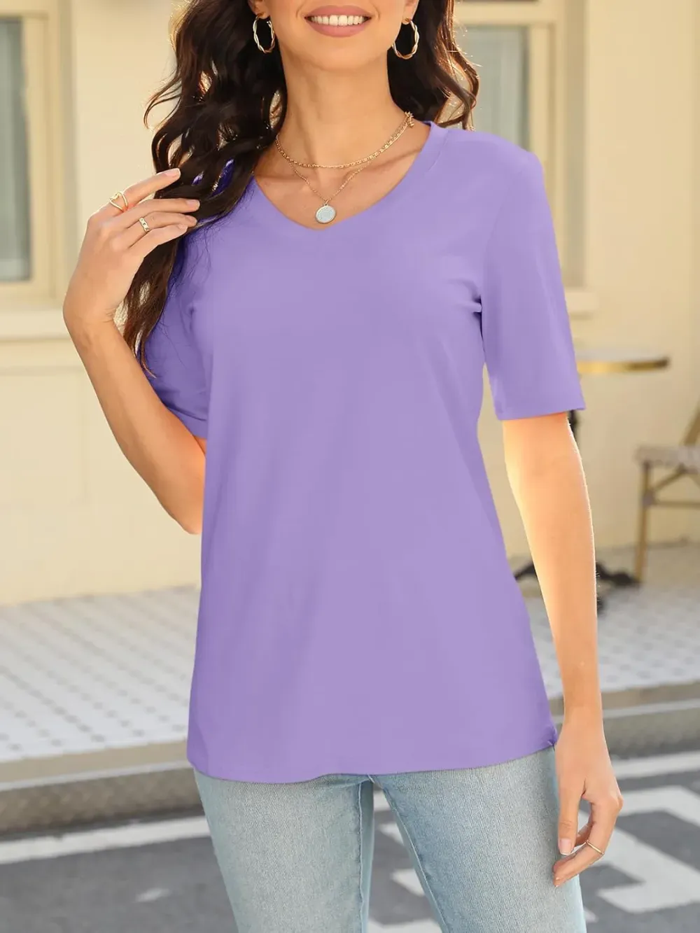 ORANDESIGNE Women's Color Block Short Sleeve T Shirts Casual V Neck Summer Tops Tees Loose Fit Blouses