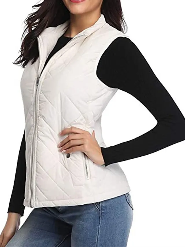 Women's Quilted Vest Crop Sleeveless Winter Coat Lightweight Puffer Gilet Warm Windproof Outerwear with Pockets Zip up Fall Street Casual Jacket Light Blue claret Sea Blue