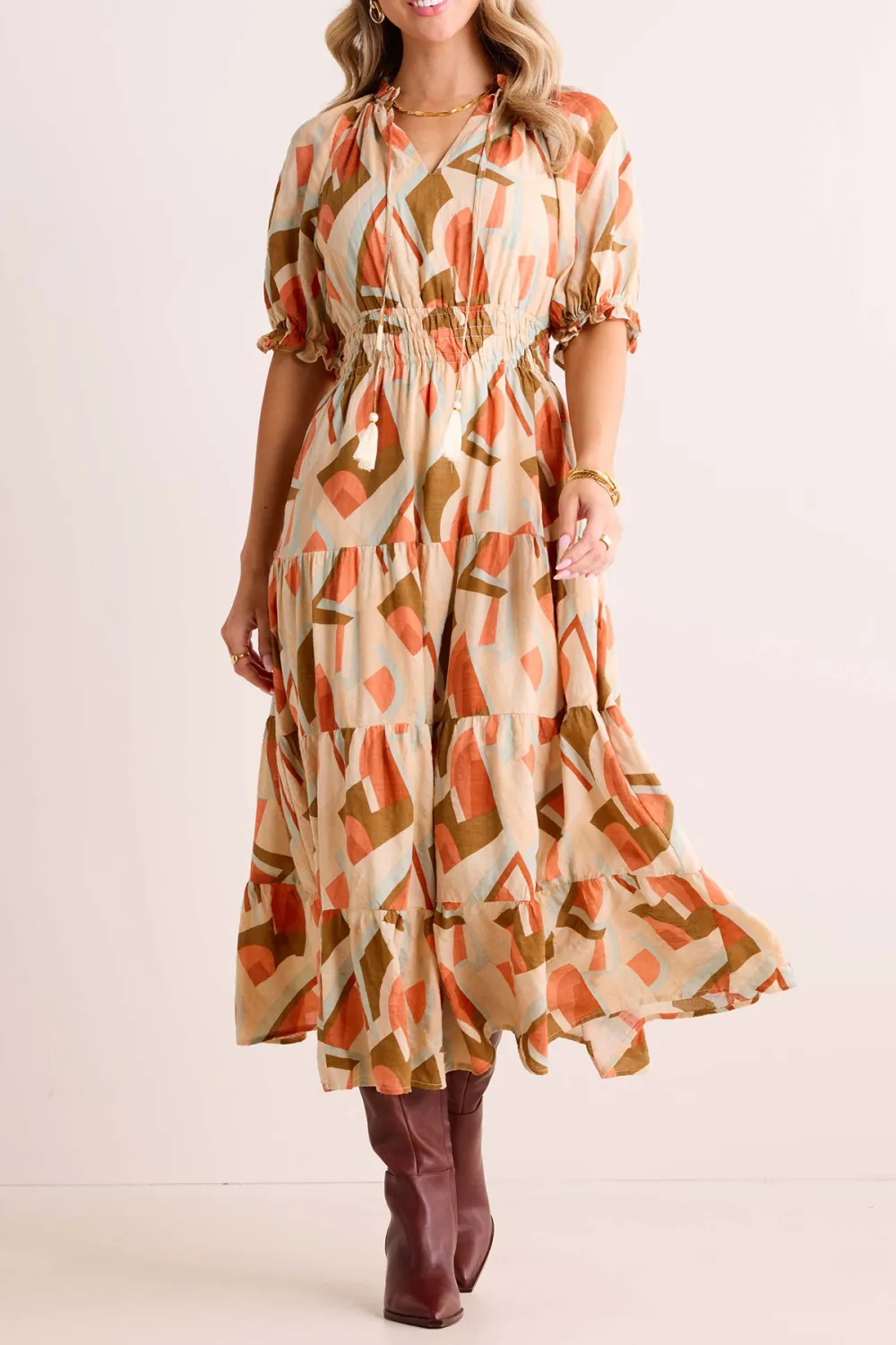 Multicolored Abstract Print Tie-Waist Maxi Dress