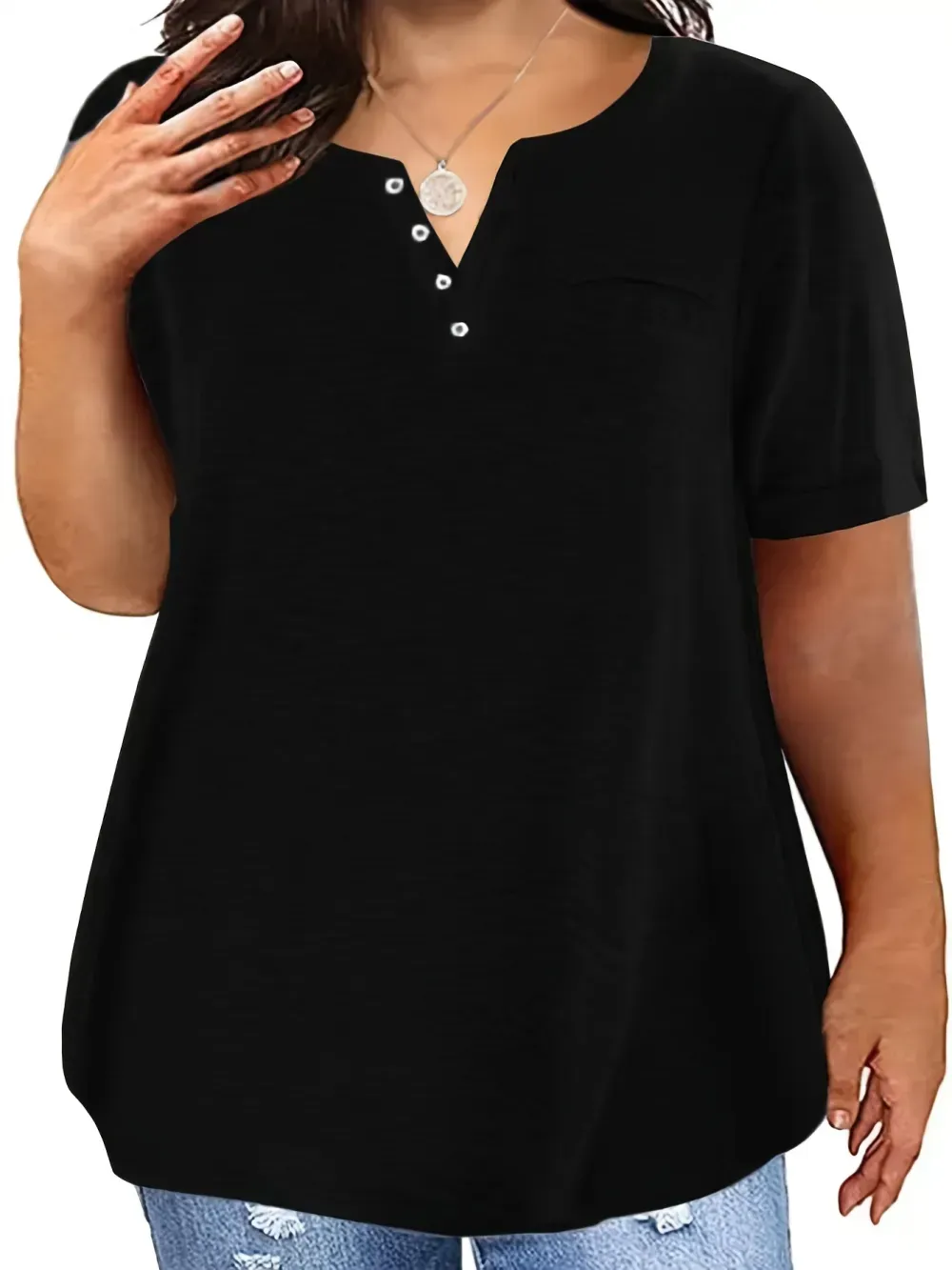 Plus Size Button Front Short Sleeve T-shirt, Women's Plus Slight Stretch Casual Tee