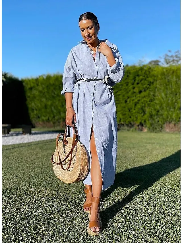 Women‘s Casual Dress Shirt Dress Cotton Dress Shift Dress Maxi long Dress Cotton Basic Casual Outdoor Winter Dress Daily Shirt Collar Button Split Long Sleeve Summer Winter Fall Spring 2023