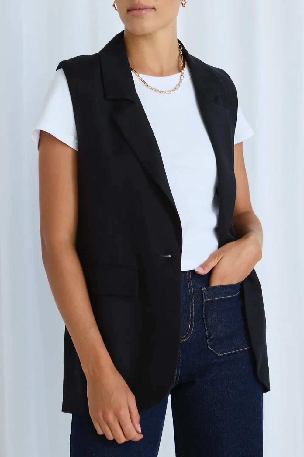 Black Linen Longline Vest