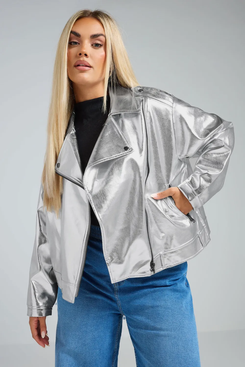 LIMITED COLLECTION Curve Silver Metallic Biker Jacket