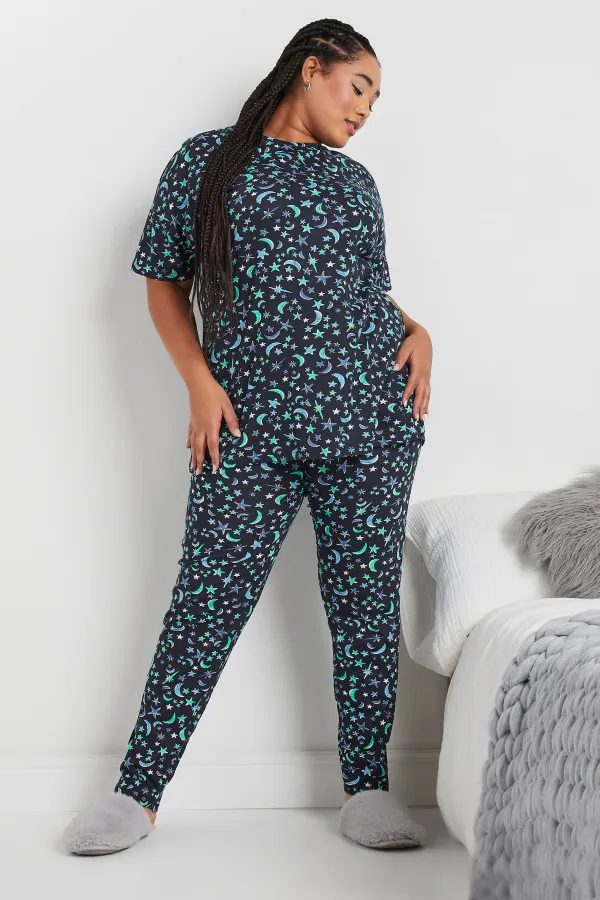 YOURS Curve Navy Blue Moon & Star Print Pyjama Set