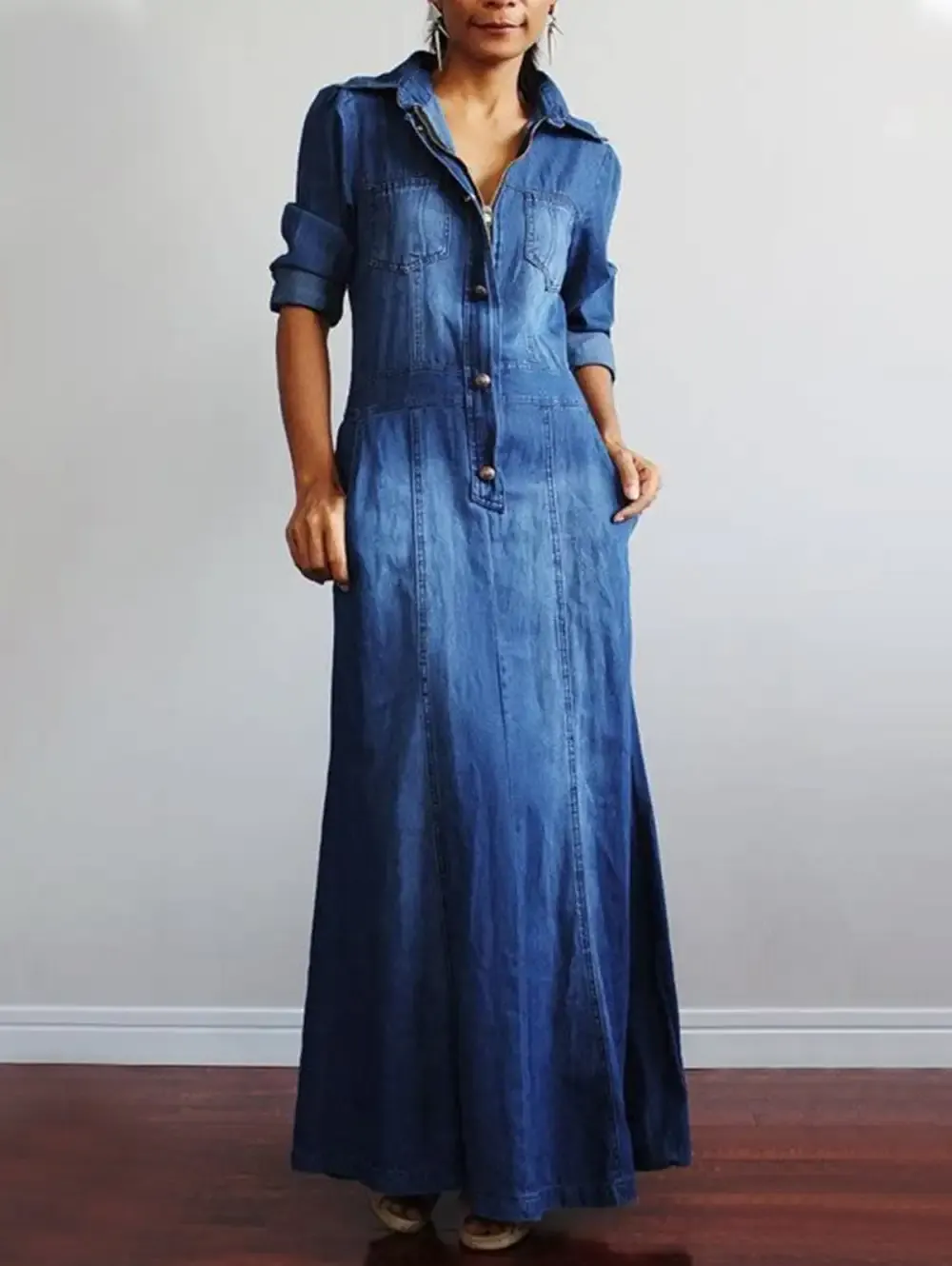 Denim Lapel Collar Long Sleeve Button Zipper Pocket Maxi Dress