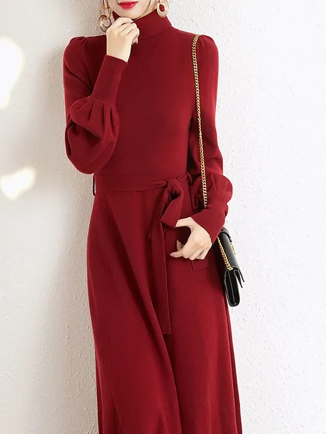 Women's Red Christmas Dress Sweater Dress Jumper Dress Midi Dress Warm Fashion Casual Plain Outdoor Christmas Daily Vacation Turtleneck Long Sleeve Lace up 2023 Regular Fit Black Wine Blue One Size